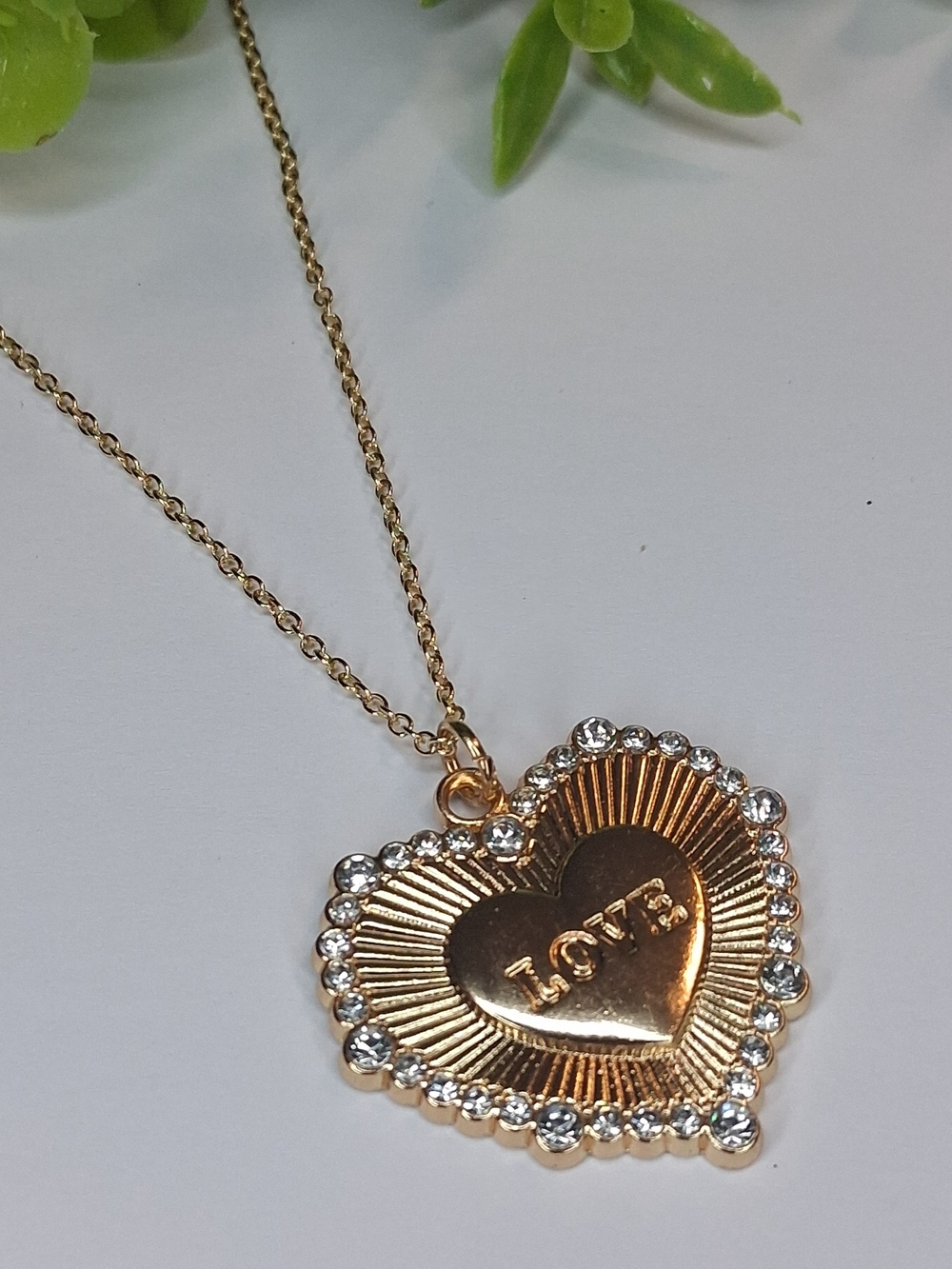 Gold Heart "LOVE" Pendant Necklace With Rhinestones